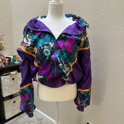 Rare Vintage 80s Shell Shock Rosa Damascana Purple Floral Windbreaker Large/XL - Image 1 of 4