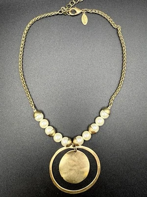 Chicos Statement Necklace Gold Tone Hammered Pendant Faux Pearl Circle Disc Boho - Image 1 of 4