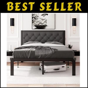 Functional Full Size Bed Frame with Linen Headboard and Storage Underneath - Picture 1 of 10