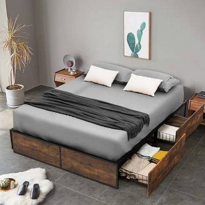 Full Industrial Platform Bed Frame with 4 Drawers Storage Mattress Foundation - Image 1 of 4