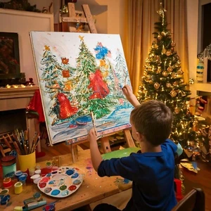 Digital Image art of the young boy painting a beautiful Christmas party - Picture 1 of 3