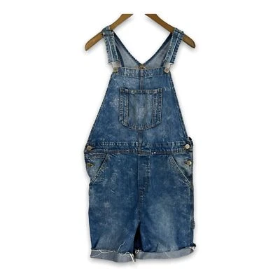 ASOS Monki Womens Sz S Denim Overall Carpenter Shorts  - Raw Hem Acid Wash Jeans - Image 1 of 4