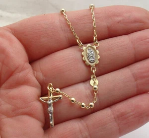 20" 3mm Ball Rosary Chain Medal Cross Crucifix Necklace Real 10K Yellow Gold  - Picture 1 of 6