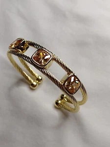 Gold Cuff Bracelet With Amber Colored Gemstones - Picture 1 of 4