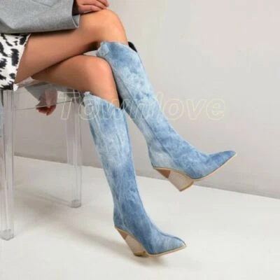 Mujeres Denim Botas Hasta la Rodilla Retro Tacón de Cuña Punta Cremallera Bota Larga Punk Zapato Foto 1 de 4