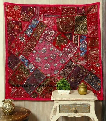 INDIAN EMBROIDERED VINTAGE BEADS ZARI WORK WALL HANGING HAND TAPESTRY DECOR ART - Image 1 of 3