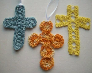 Lot of 3 orange blue yellow Handmade crocheted cross Bible bookmarks - Picture 1 of 2