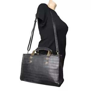 Black Faux Crocodile Leather Tote Bag With Gold Accents & Adjustable Shoulder St - Picture 1 of 12