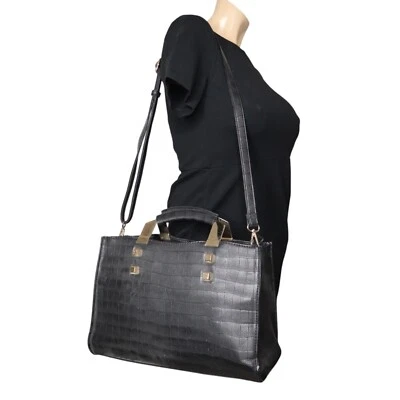 Black Faux Crocodile Leather Tote Bag With Gold Accents & Adjustable Shoulder St - Image 1 of 4