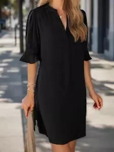 Women's V Neck Shift Dress Ruffle Short Sleeve Casual Summer Dresses Loose Dress - Picture 1 of 13