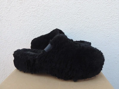 UGG NEGRO FUZZ ZUECO AZÚCAR PIEL SINTÉTICA PELUSA PANTUFLAS, MUJER US 6/ EUR 37 ~NUEVO Foto 1 de 4