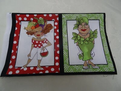 Schöner Stoff 2x Panel L. FRAUEN OBST & GEMÜSE Baumwolle Stoffrest 20cm x 31cm - Bild 1 von 4