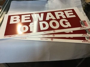 BEWARE OF DOG 3QTY. 6" x 14" Sturdy Vinyl Warning Sign Hillman 2predrilled holes - Picture 1 of 6