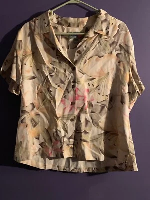 Camisa Hawaiana Hilo Hattie Usada en Excelente Condición - Beige - Floral Melocotón - Mujer Talla L 100% Seda Foto 1 de 3