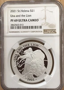 2021 Una and The Lion 1 oz Silver Proof NGC PF69 St  Helena BOX COA Mintage 1000 - Picture 1 of 5