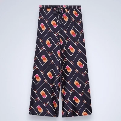 Pantalón Zara Estampado Geométrico Azul Marino Pierna Ancha Talla Pequeña Nuevo con Etiquetas Foto 1 de 4