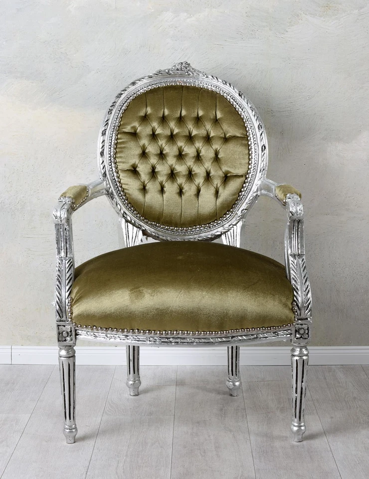 Poltrona Braccioli Antico Sedia Barocco Argento Velluto Sala da Pranzo con - Immagine 1 di 4