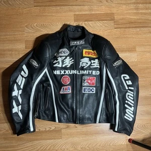 RARE NEXX UNLIMITED RACING MEN'S LEATHER Patch Embroidered JACKET - Size 48 - Picture 1 of 7
