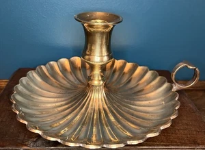 Beautiful 8” Vintage Solid Brass Scalloped Chamber Candlestick ~ Nice & Heavy - Picture 1 of 7