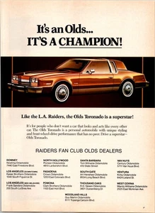 1984 • Pubblicità stampa OLDSMOBILE TORONADO • Raiders Fan Club Los Angleles marrone ADS.44 - Foto 1 di 2