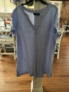 Tahari 100% Linen Short Sleeve Shift Dress Size 3X Solid Blue V Neck - Picture 1 of 4