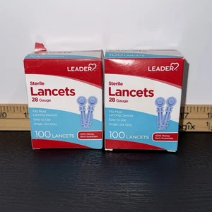 LOT OF 2, LEADER STERILE LANCETS 28 GUAGE 100 QTY BOX, EXPIRES 10-31-2027 - Picture 1 of 5