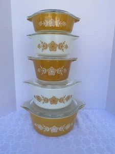 Vintage Pyrex Butterfly Gold 1st Gen Cinderella Casserole Dish Set 471–475 &lids - Picture 1 of 9