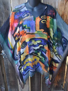 DILEMMA HAND PAINTED MACKE INSPIRED CREPE DE CHINE ART TO WEAR TUNIC,OS+! - Picture 1 of 4