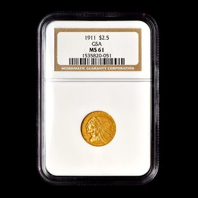 1911 $2.50 GOLD INDIAN ✪ NGC MS-61 ✪ QUARTER EAGLE COIN 2 1/2 GSA 051 ◢TRUSTED◣ - Image 1 of 4