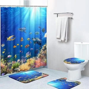 4 Piece Shower Curtain Sets With 12 Hooks Nature Ocean Sea Turtle And Fish With - Picture 1 of 2