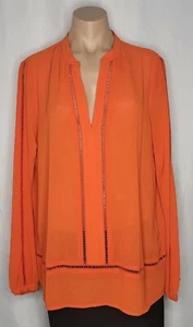 Michael Kors Mandarin Orange V Neck Sheer Long Sleeve Blouse Size L - Picture 1 of 8
