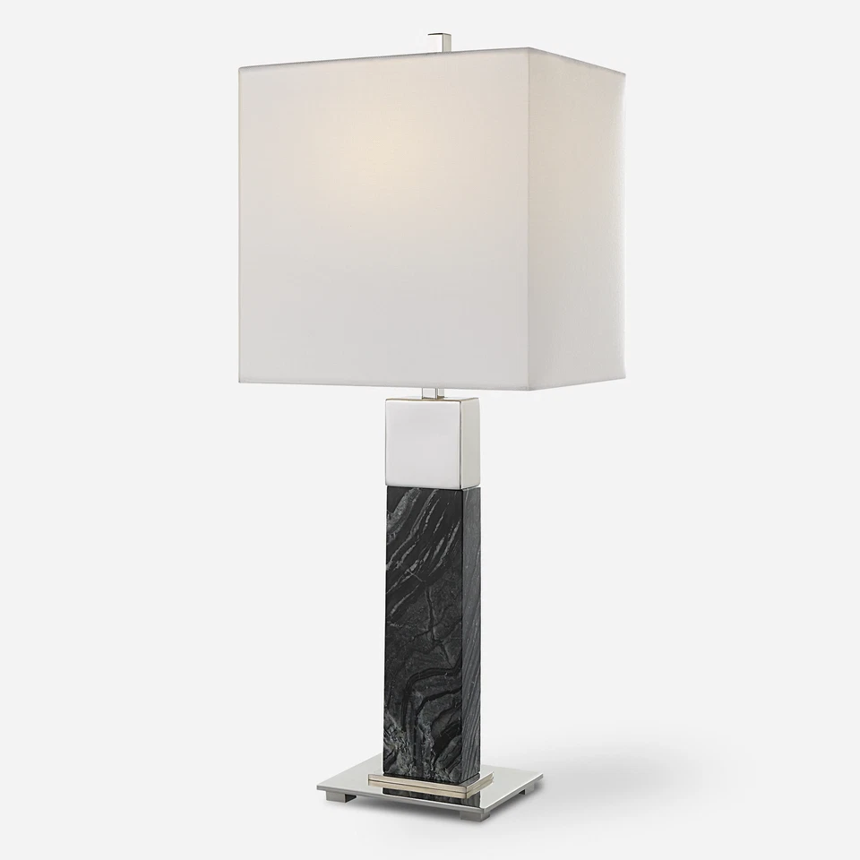Classic Contemporary Veined Black Marble Table Lamp 27 in Silver White Column - Image 1 of 4