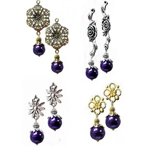 Earrings purple pearl drop, style choice and clip on or pierced - Picture 1 of 7