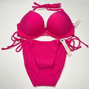 Victoria Secret 32A XS Bombshell Push Up Bikini Top Bottom Set Textured Pink - Picture 1 of 9