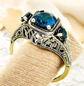 GENUINE LONDON BLUE TOPAZ 925 STERLING SILVER ART DECO STYLE 3 STONE RING   #188 - Picture 1 of 4