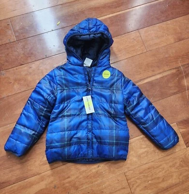 NWT Boys Epic Threads Reversible Puffer Winter Jacket Camp Plaid Blue XS 5  / 6 - Image 1 of 4