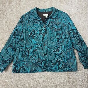Laura Ashley Jacket Womens Plus Size 1X Blue Paisley Metal Button Up Long Sleeve