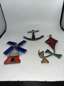 Vintage 3 Handmade Stained Kite, Anchor, Windmill 5”; 8”; 6” Tall - Picture 1 of 5