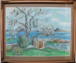 Frederick Childs (1908 - 1978) dibujo pastel paisaje costero con árbol - Imagen 1 de 5