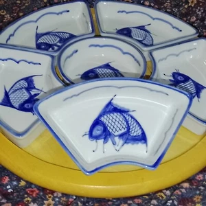 Dipping Dishes 6x with Wooden Lazy Susan Base Plate Chinese Blue Koi Carp Mint - Picture 1 of 21