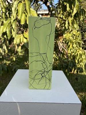 Rectangular Ceramic 11.5” Vase Lime-Green W/abstract Engraving Overlaid In Black - Image 1 of 4
