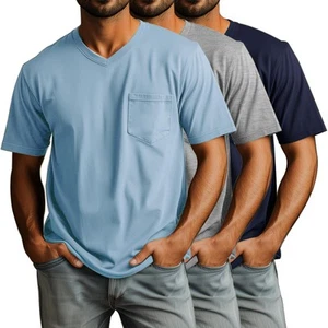 3 Pack Men's V Neck T Shirts Short Sleeve Plus Size Tee Loose Casual Top Cott... - Picture 1 of 7