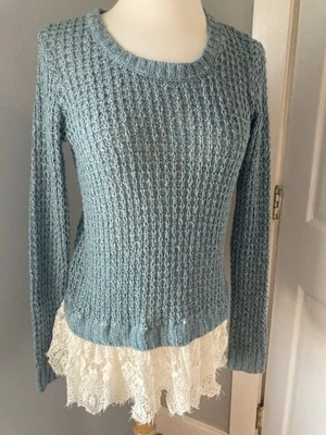 S Blue Crocheted Knit Lace-bottom Sweater Long Sleeve Scoop Neck  Casual Top - Image 1 of 4