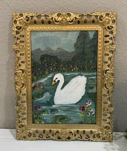 Pintura acrílica floral firmada de metal H. Nellis “Swan Pond” arte de pared con marco dorado - Imagen 1 de 11
