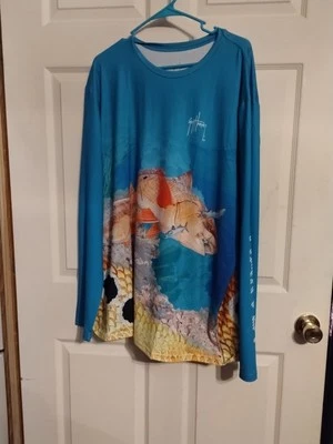 Guy Harvey Pull Over Blue Fishing Shirt XXL With Fish Print At Bottom Long... - Изображение 1 из 4