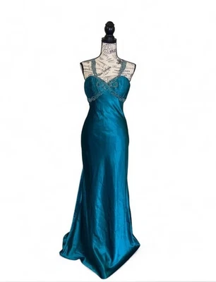 Vestido de noche verde azulado satinado con cuentas espalda abierta graduación vestido formal Y2K Fairycore acanalado Foto 1 de 4