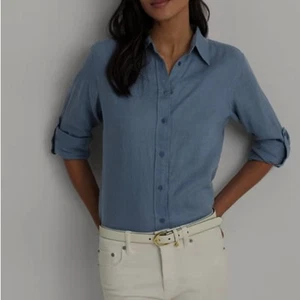 Lauren Ralph Lauren Linen Chambray Top Women's Size Small Blue Button Up Preppy - Picture 1 of 3