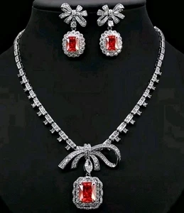 18k Platinum Plated Lab-Created Square Red Garnet Gemstone Jewelry Set Swarovski - Picture 1 of 2