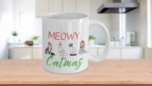 Meowy Catmas Weihnachten Kaffeetasse, lustige Katzen Tasse, Katzenmama, Kätzchen Geschenk Shirt, Ch - Bild 1 von 3