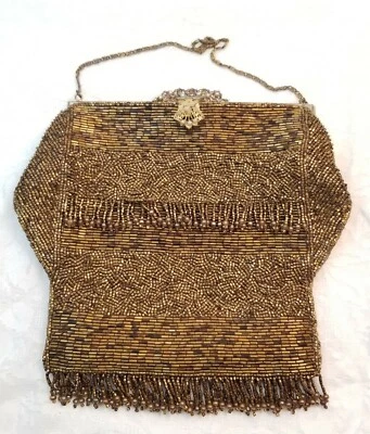 Vintage Bead Beaded Purse Handbag 1950-60's Gold/Copper Metallic Fringe  - Image 1 of 4
